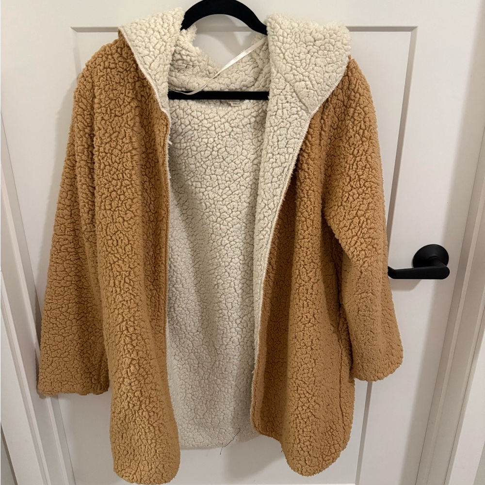 Silence + Noise Reversible Sherpa Teddy Jacket Coat Tan Cream XS/S